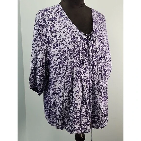 Knox Rose Size x1 Blue Floral V-Neck Ruffled Boho Top Shirt Peasant Blouse Tie - Picture 2 of 15